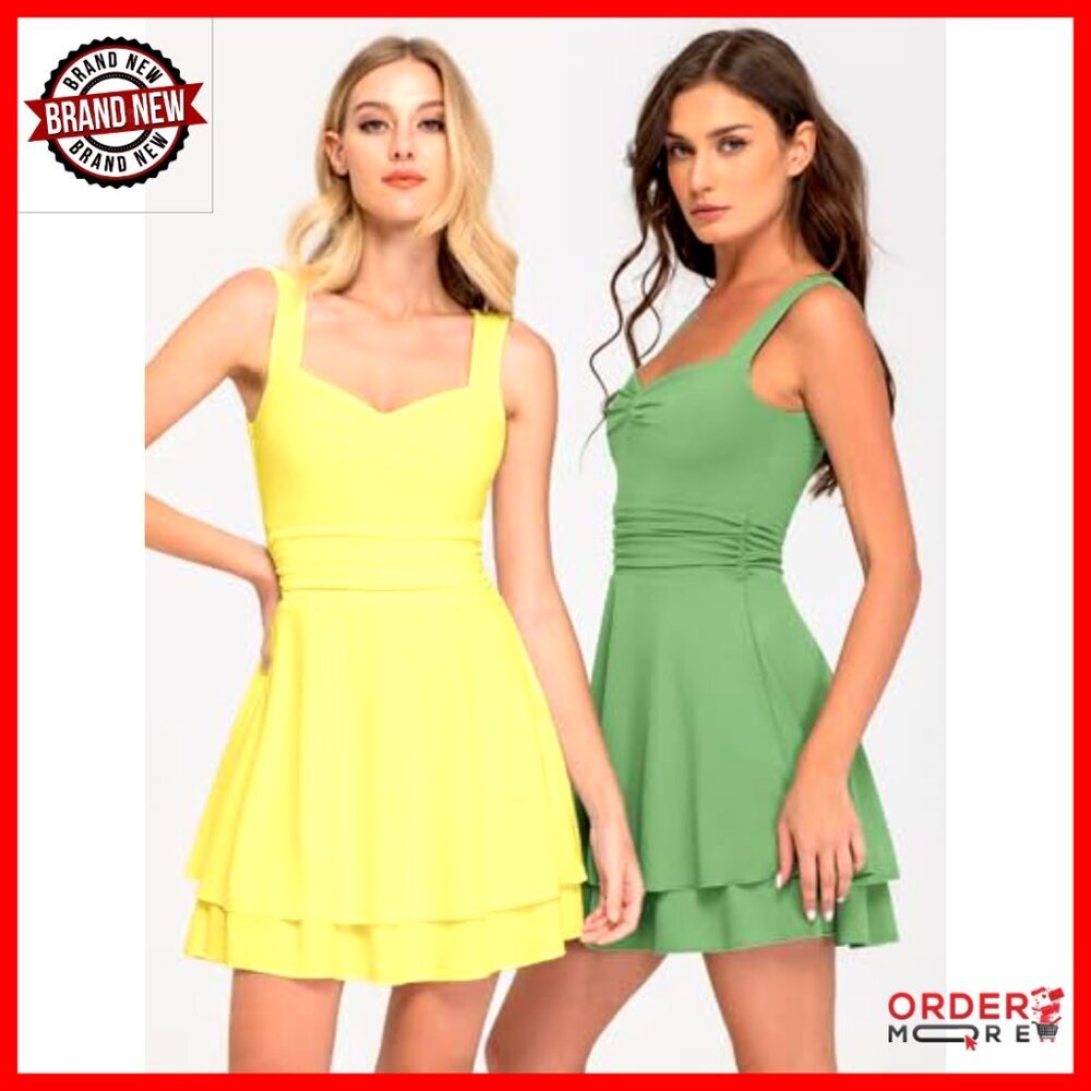 Square Neck Sleeveless Mini Dress Ruched Waist Tiered Ruffle Hem A Line - Picture 5 of 7